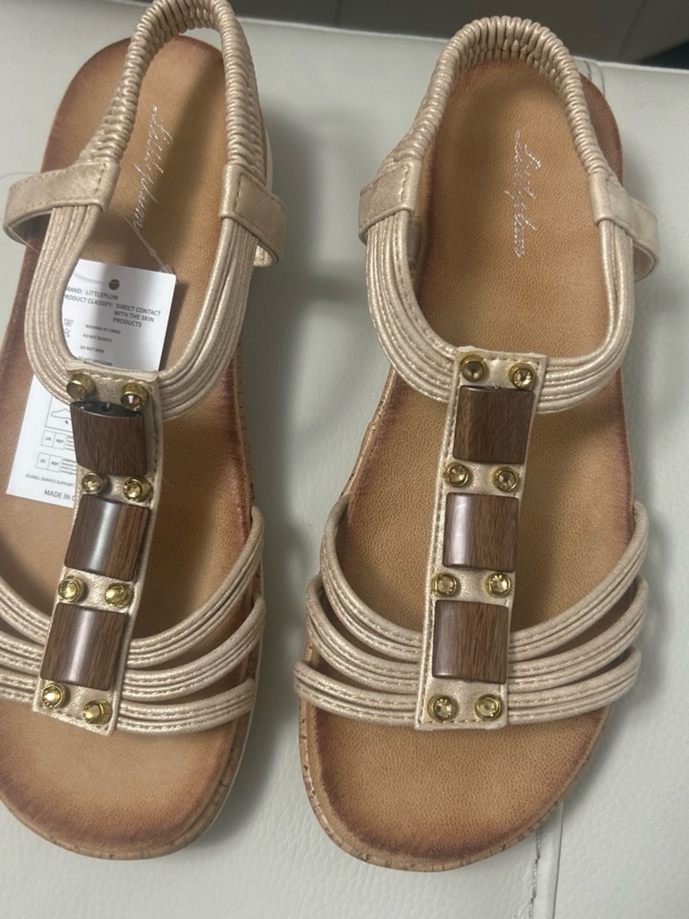 Women's Metallic Beige T-Strap Sandals with Wood Accent